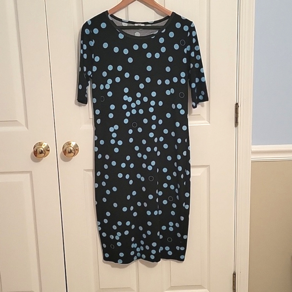 LuLaRoe Julia Dress Navy Blue with Light blue Polka dots, size large